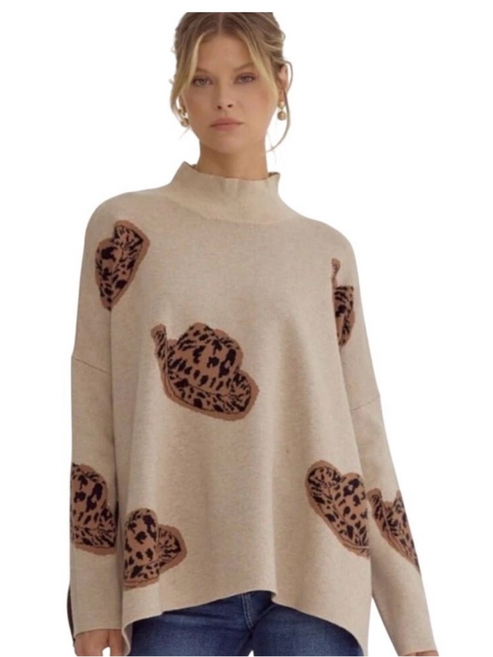 Entro Beige Leopard Cowboy Hat Mock Neck Sweater Size Medium and Large